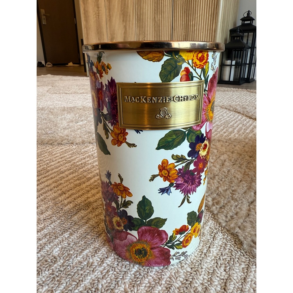 MacKenzie-Childs Flower Market Enamel Utensil Holder White Floral Kitchen Crocks